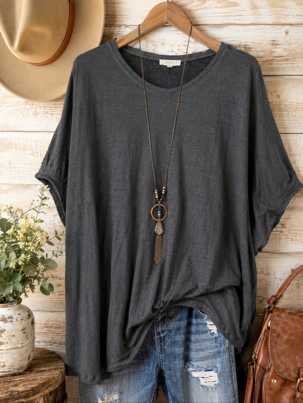 Umgee 2XL Charcoal Gray Oversized Dolman Tunic Top
